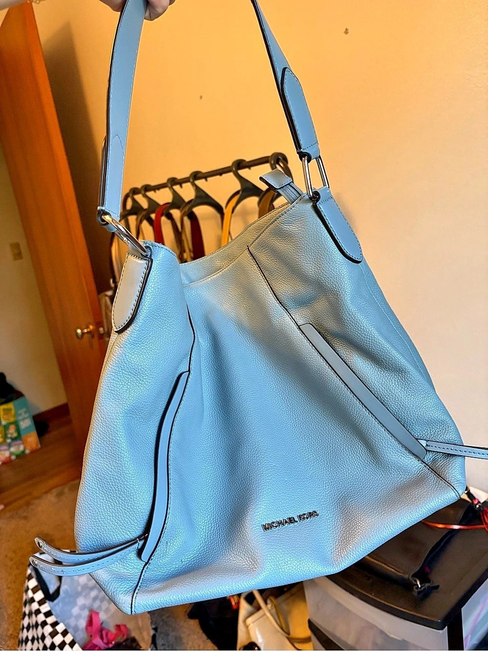 Michael Kors Evie Large Pebbled Leather Hobo Bag Blue